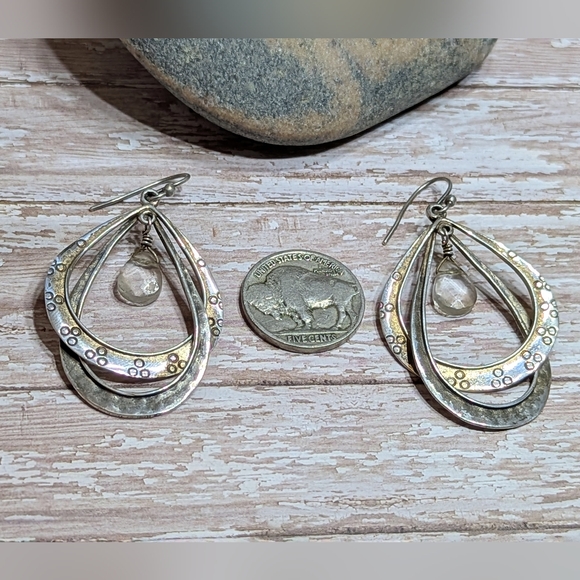 Silpada Double Sterling Silver Textured Hoops with Clear Glass Drops W1681 - Picture 4 of 7